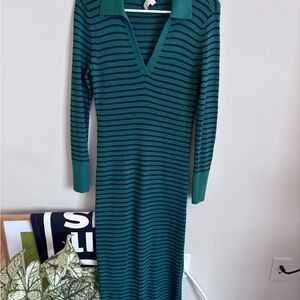 LOFT Teal and Black Striped Long Sleeve Dress